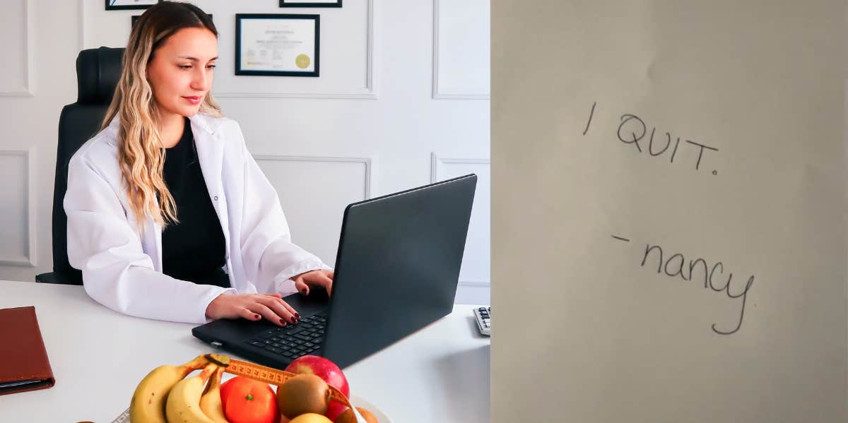 Woman Writes 'I Quit' Note After Boss Told Her To Put Her Resignation In Writing Woman working on a laptop, I quit note
