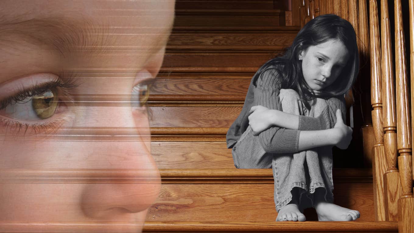 little girl lonely sitting on stairs, watching everyone