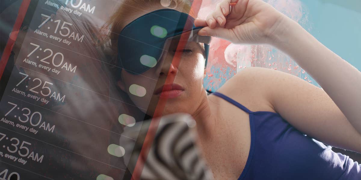 if-you-press-snooze-your-alarm-clock-youre-smart Woman checking her phone and annoyed in bed in the morning