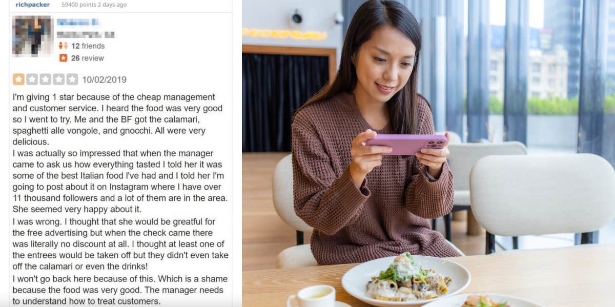 yelp review, woman taking photo of food at restaurant