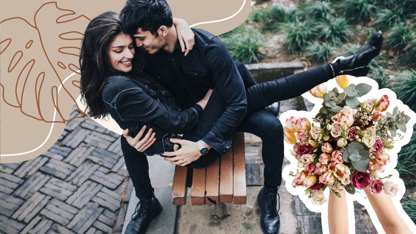 Couple sitting on a bench, hands full of flowers in grand gesture