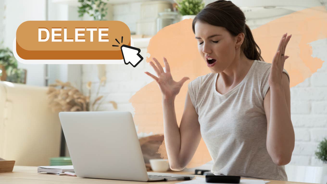 Woman upset near her computer with her hands tossed in the air