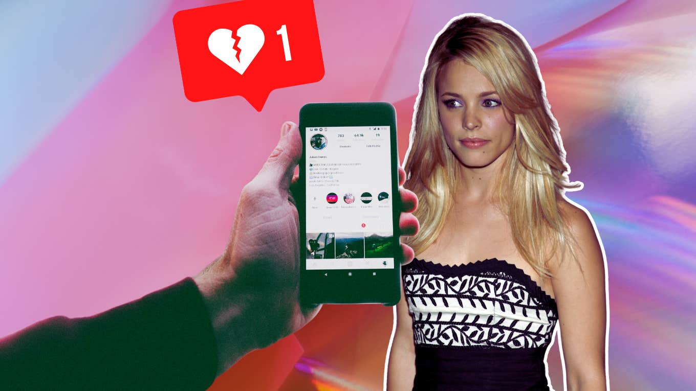 rachel mcadams and man holding phone with instagram app up