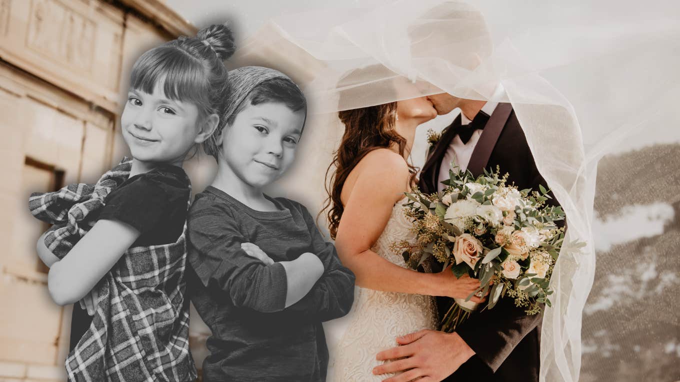 Is 'Having Kids' The Only Valid Reason To Get Married Now? Children with their arms crossed, wedding day in back