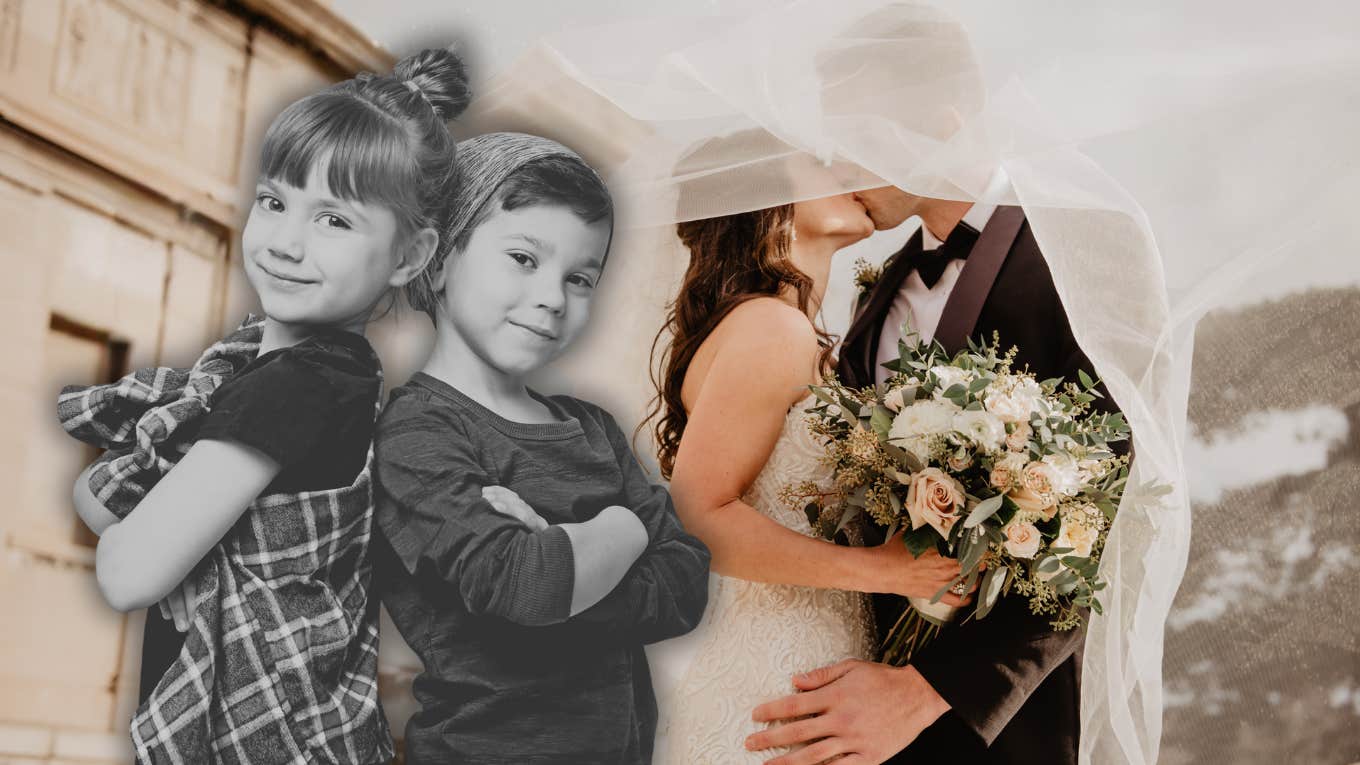 Children with their arms crossed, wedding day in back