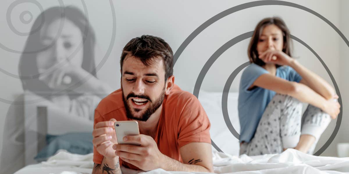 7 Tiny Signs He's Using You (And Is About To Disappear) Man on his phone ignoring his wife