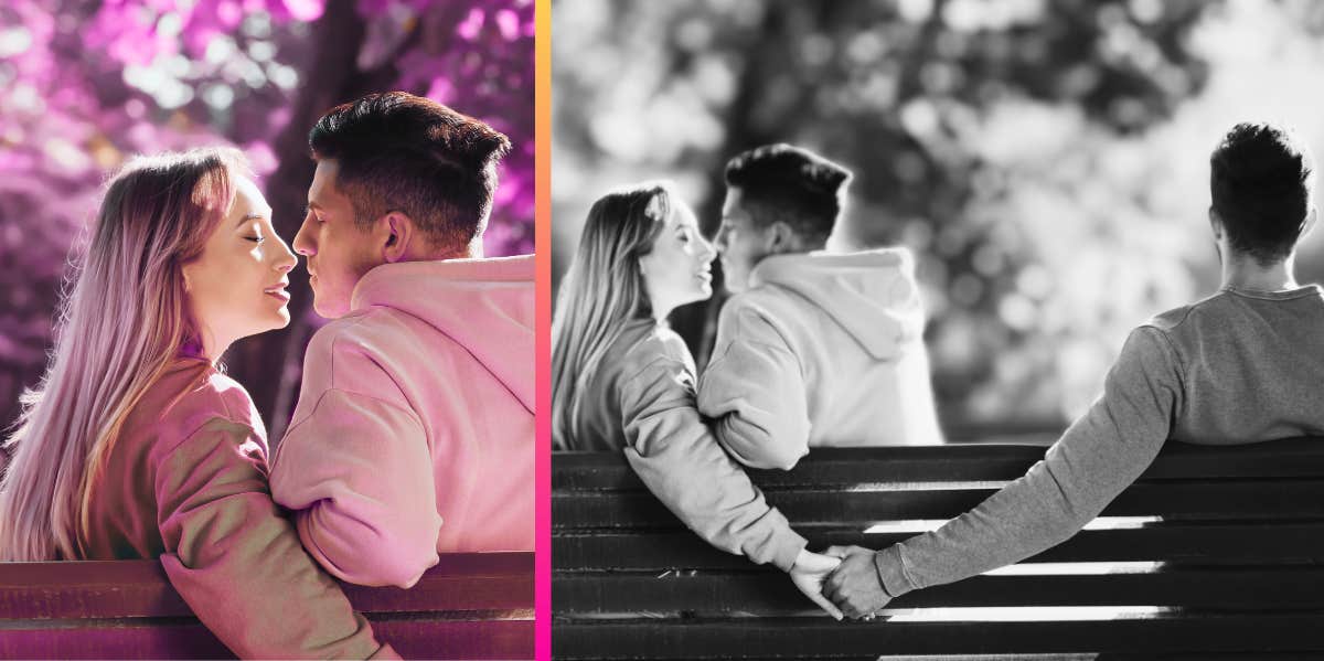 a couple leaning in for a kiss while the woman is holding hands with another man