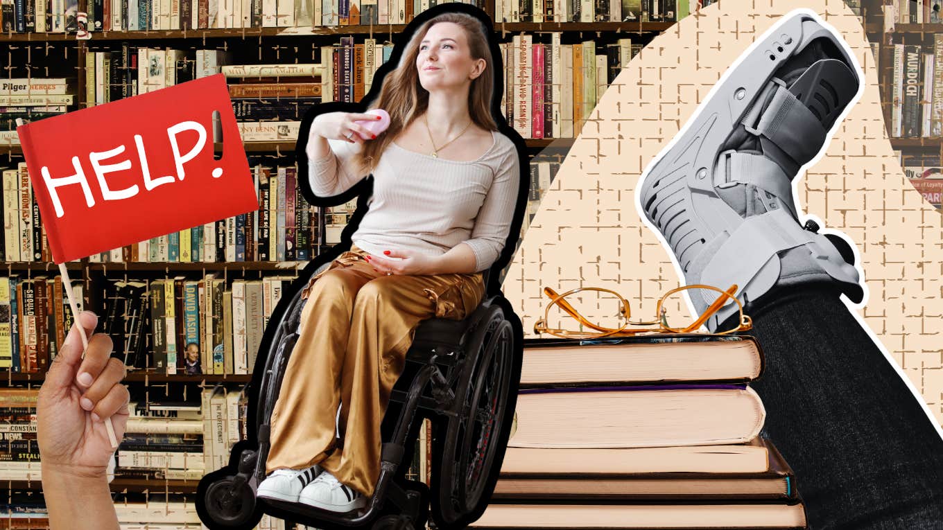 Woman studying in wheelchair, foot in boot