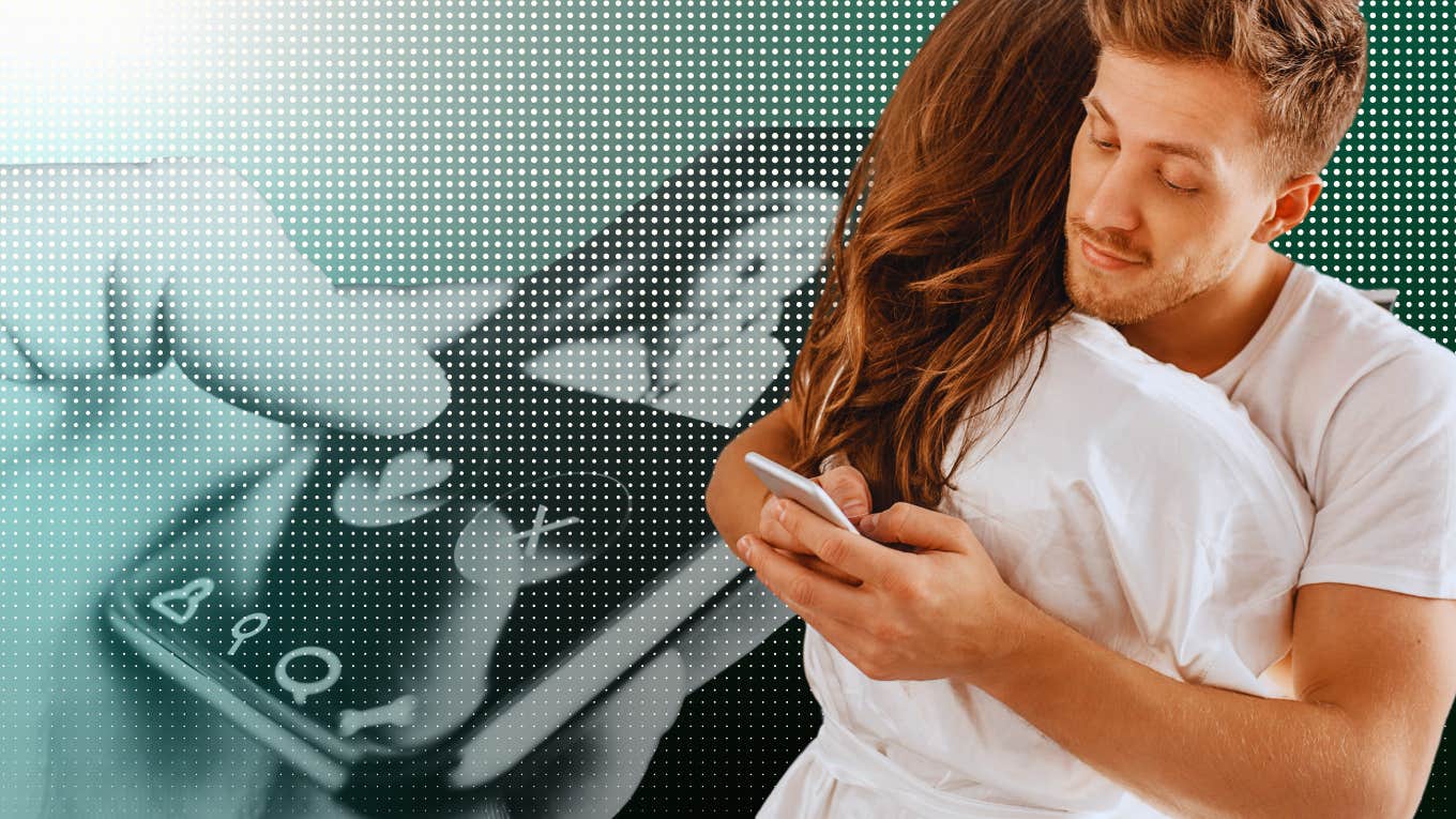 The Disturbing Reason Married Men Really Visit Cheating Sites Man on phone behind wife's back, clicking on another woman's profile