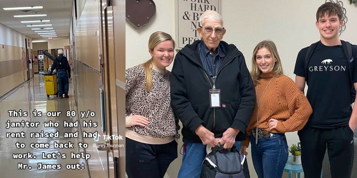 High School Seniors Help 80-Year-Old Janitor Retire Again After Rent Increase Forces Him Back To Work Callisburg High School students with their janitor