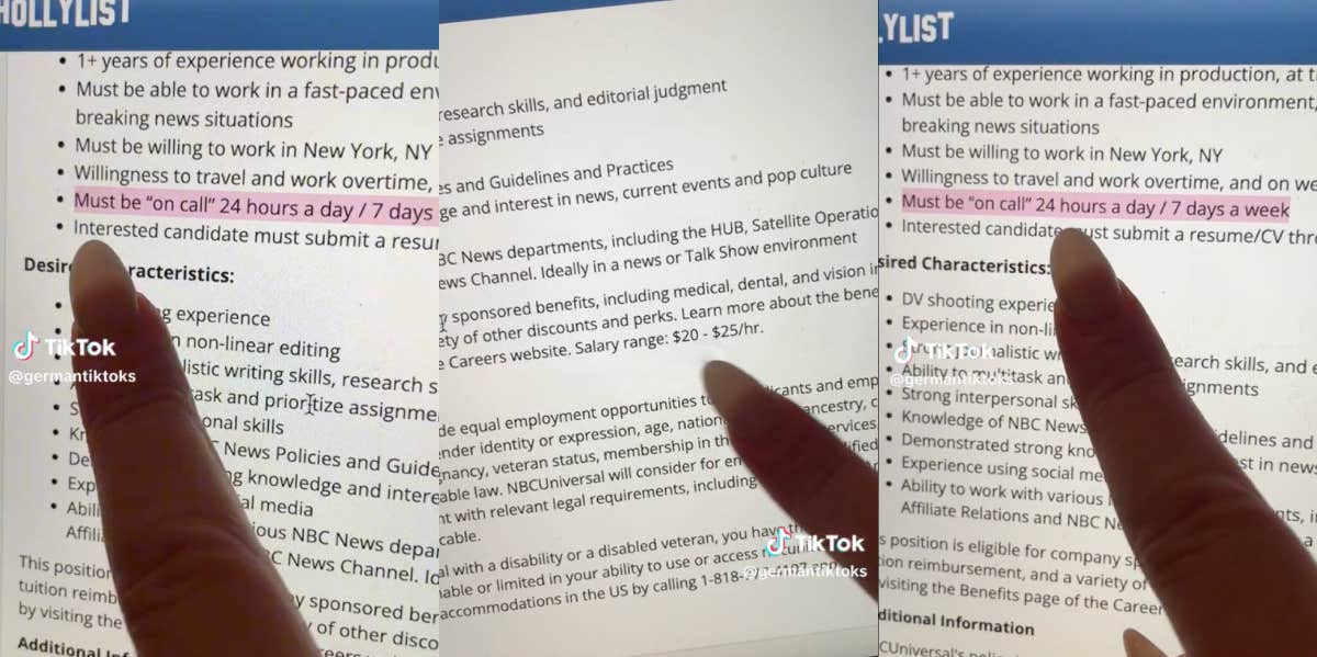Woman Shows Job Listing That Asks Employees To Be 'On Call 24/7' With A Salary Range Of '$20-$25 Per Hour' job listing requirements