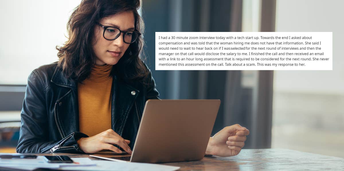 Job Seeker Told They Have To Complete A 1-Hour Assessment Before Finding Out Salary Of New Role Woman on the computer, Reddit post