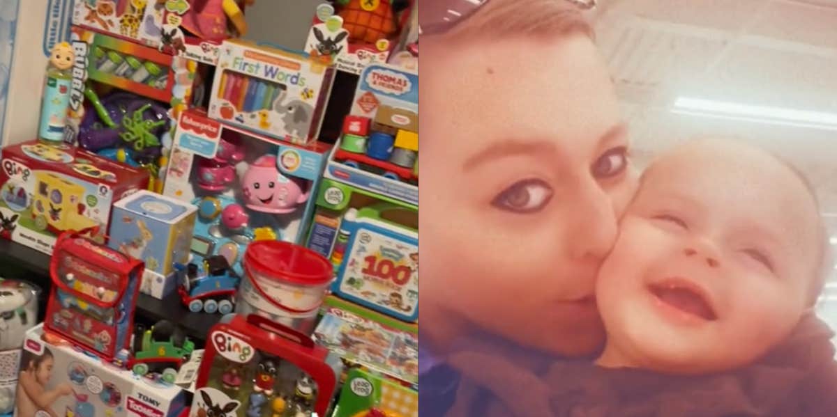 Jobless Mom Shamed For Spending $1200 On Baby's Christmas Sarah Bouasker and her baby Alaya beside a stack of Christmas gifts