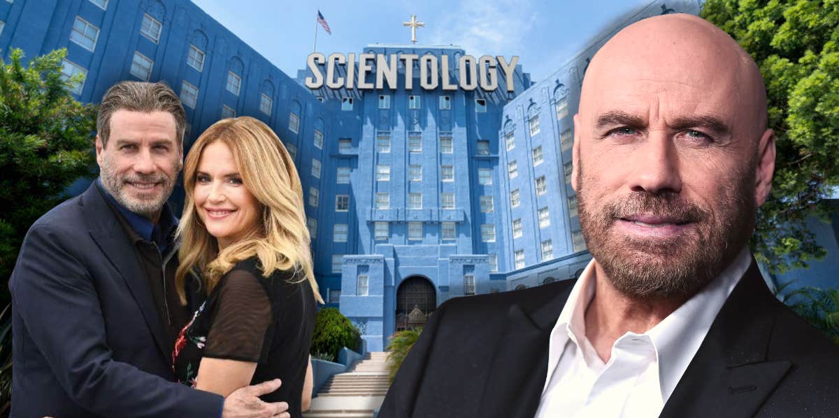 John Travolta, Kelly Preston, and a Scientology building