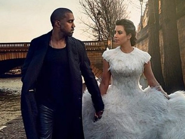 Kanye West and Kim Kardashian modeling wedding looks in Vogue
