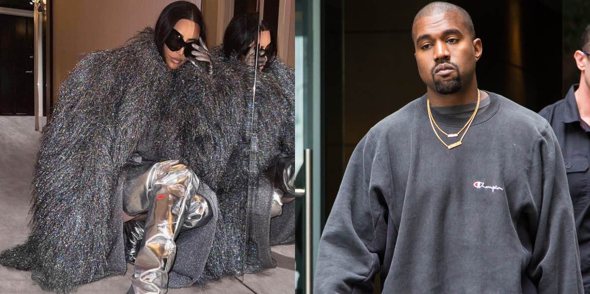 Has Kim Kardashian Been Stirring Drama With Kanye West On Purpose? Kim Kardashian tinsel coat and Kanye West