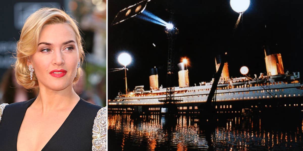 Kate Winslet and a photo of the Titanic replica used in the film