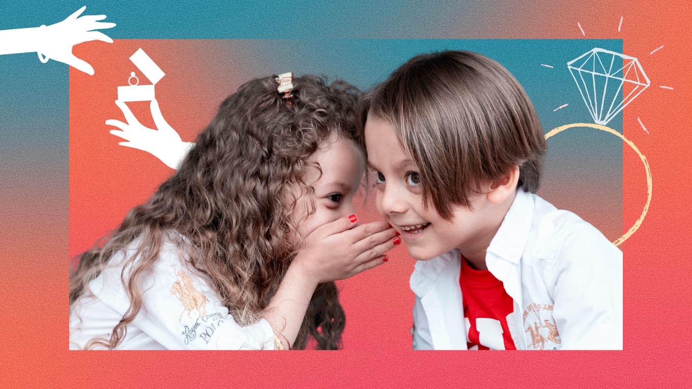 Little Girl Dumps Boyfriend After Another Boy Offers Her His Grandmother's Ring little girl whispering in little boy's ear
