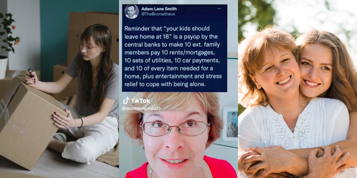 Why Kids Leaving Their Parents House At 18 Is Considered A Social Construct To Make People Pay More Rent woman packing boxes, mom and daughter hugging, tiktok of woman and tweet