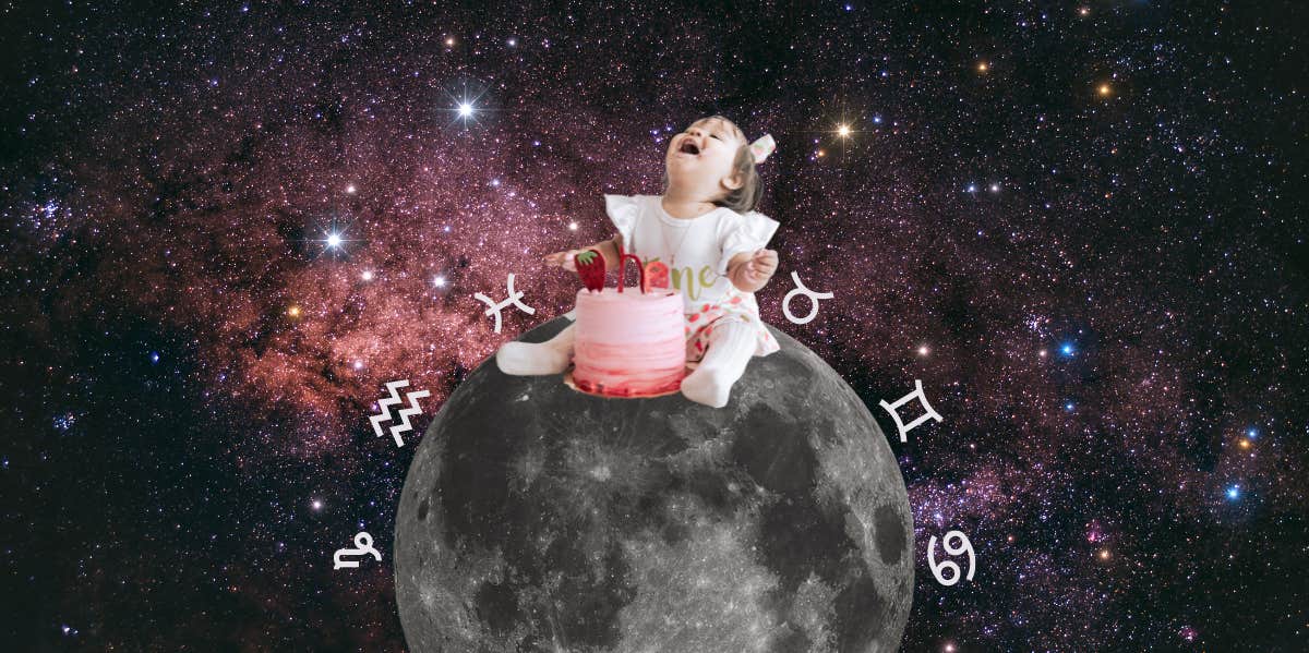 Your Kids' Positive Zodiac Traits, According To Astrology baby with cake sitting on the moon, zodiac sign symbols