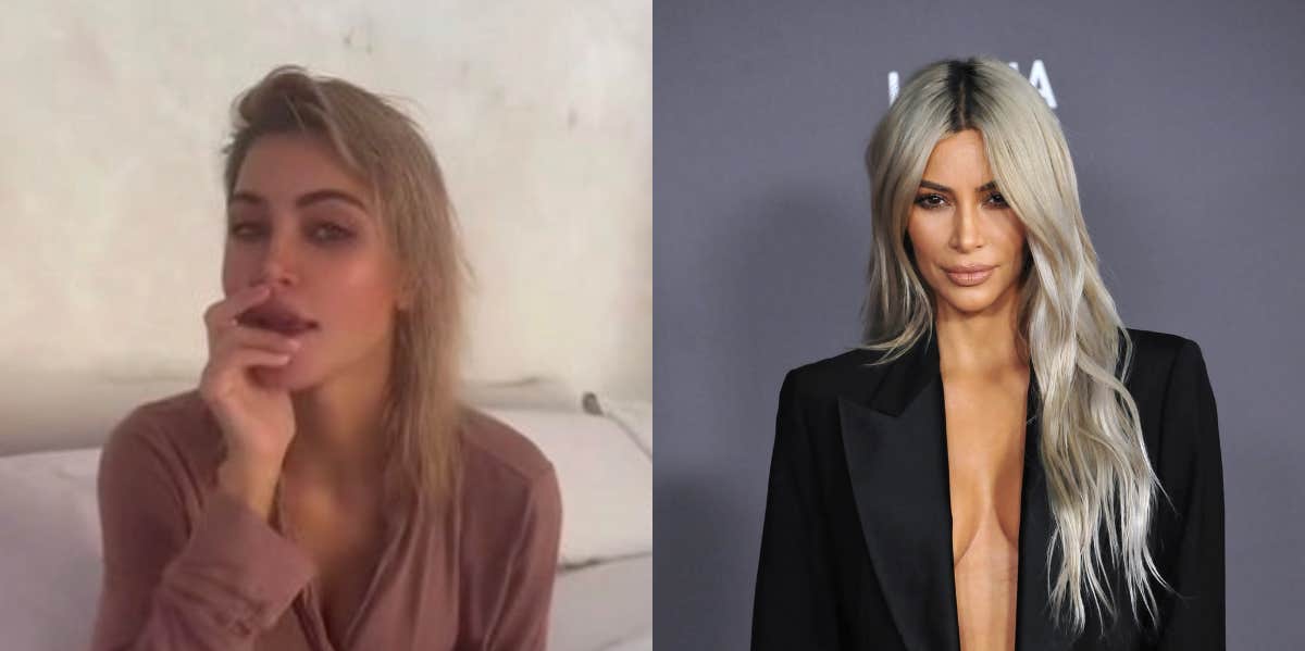 Side by side of Kim's real hair on TikTok and her long blond extensions on a red carpet