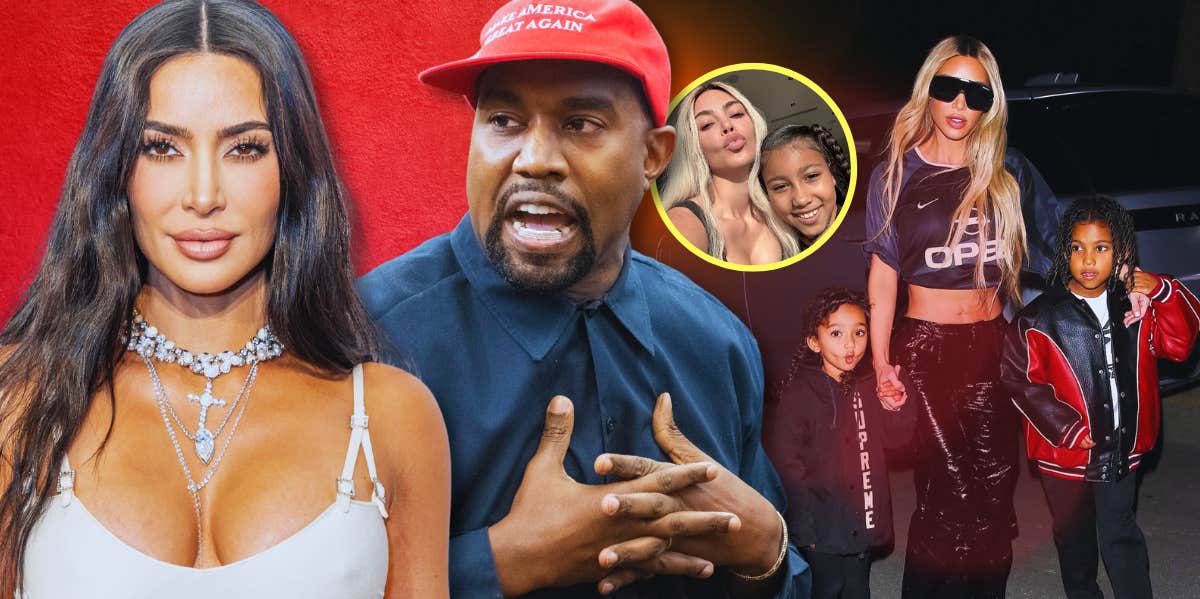 An image of Kim Kardashian and Kanye in a MAGA hat is next to Kim with her children.