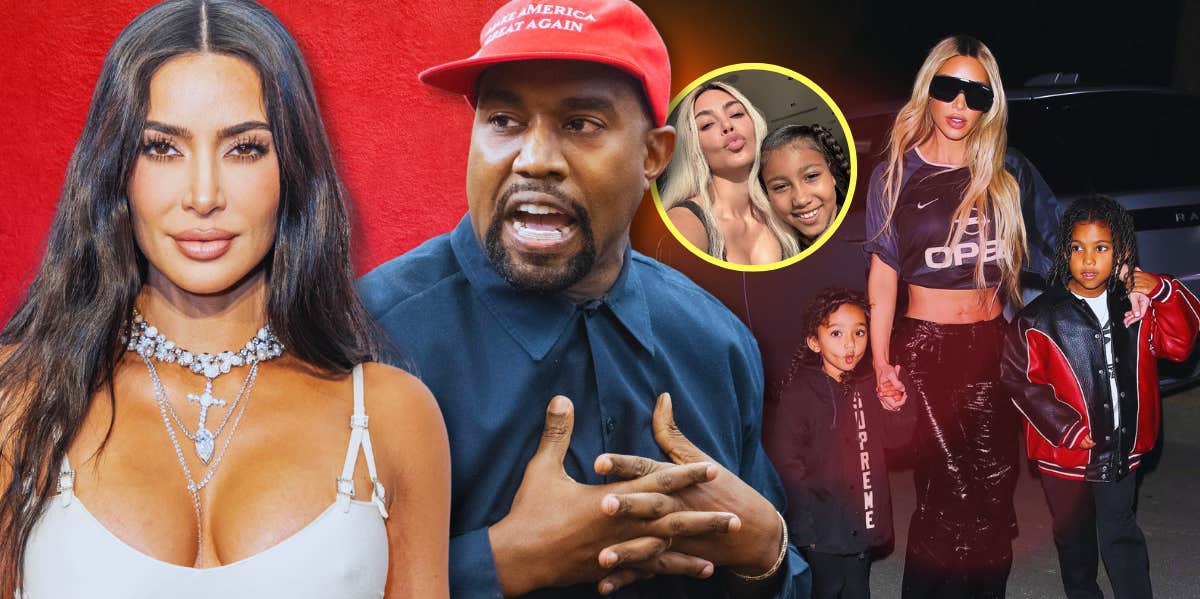 Kim Kardashian Says Kanye West's Actions Are Far More Damaging To Their Kids Than Anything She Has Done --- Fans Disagree An image of Kim Kardashian and Kanye in a MAGA hat is next to Kim with her children.