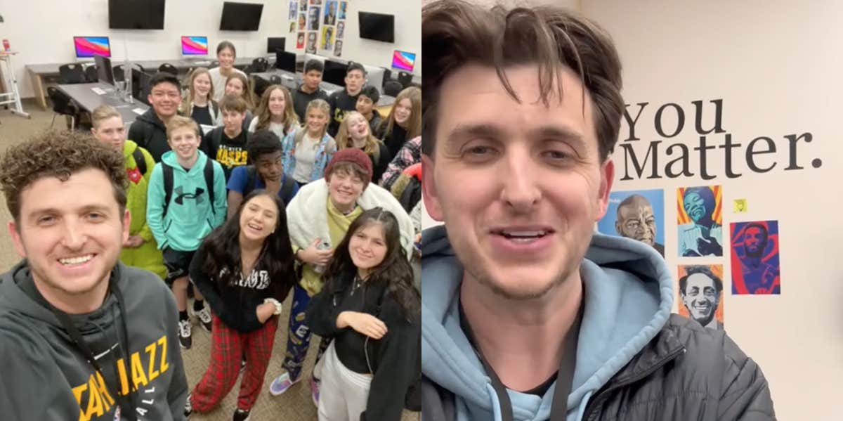 A Utah middle school teacher poses with his class.