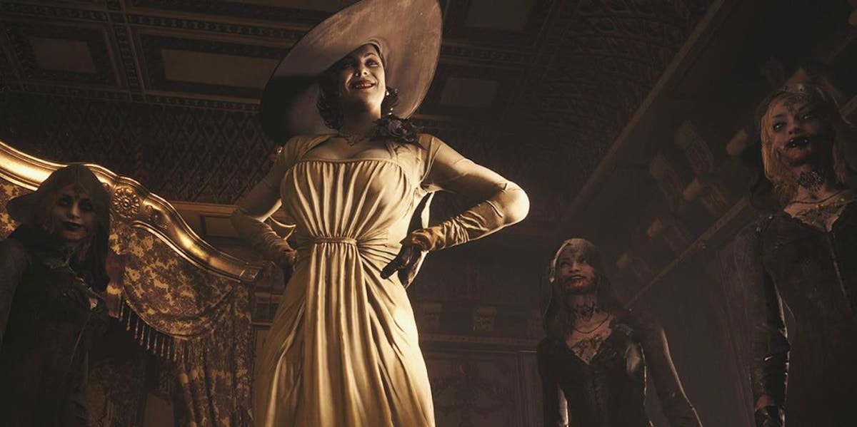 Lady Dimitrescu and her daughters stand in her castle