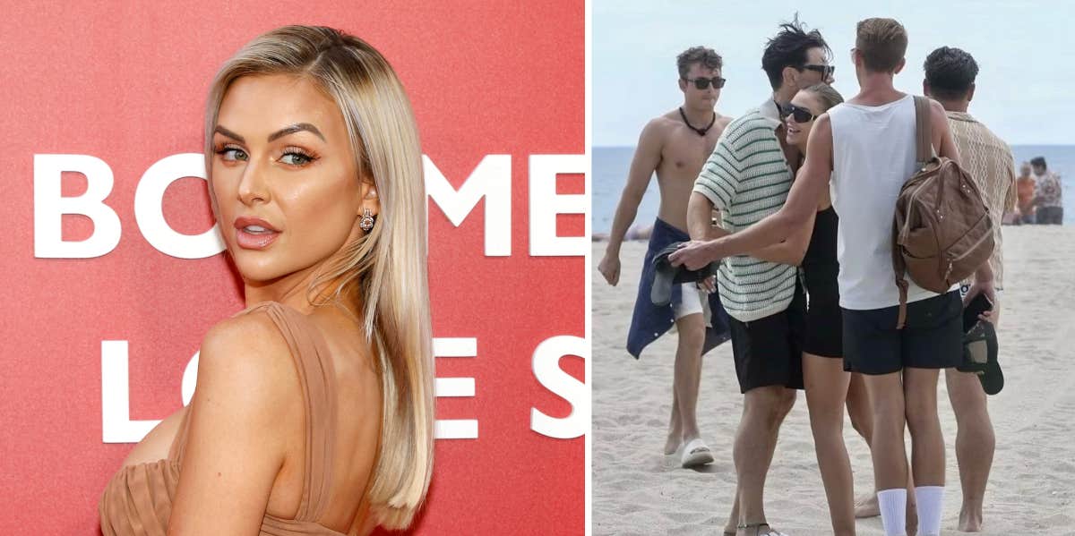 Left; Lala Kent arrives at Universal BROS premiere. Right; Lala Kent seen embracing Tom Sandoval at the beach.