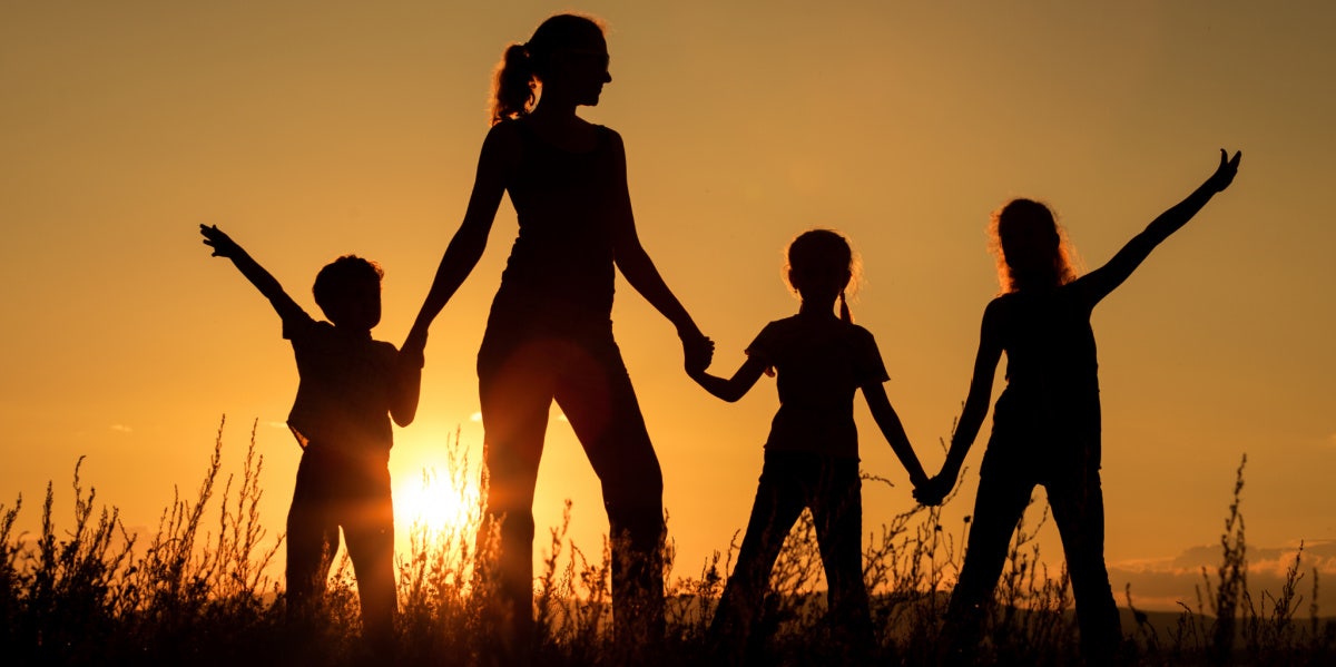 mom with three kids silhouette