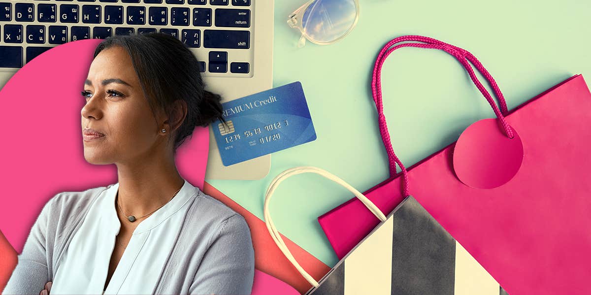 sad woman surrounded by online shopping items