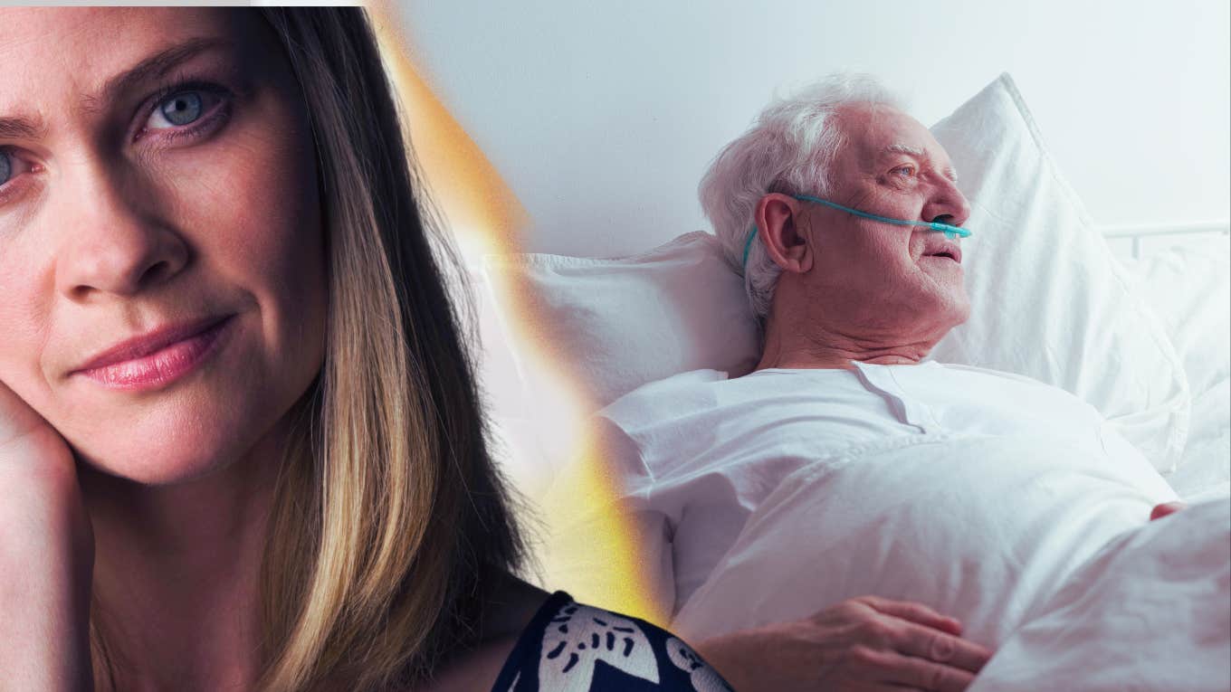 Old man in bed sick with woman in front staring seriously 