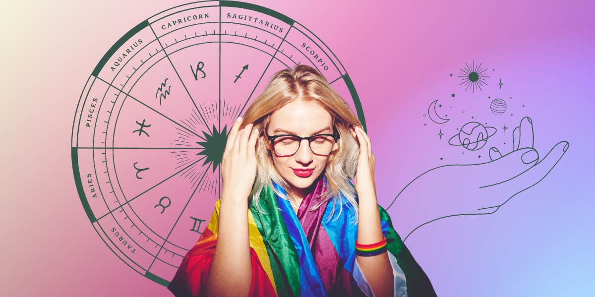 woman wearing lgbt flag and zodiac wheel