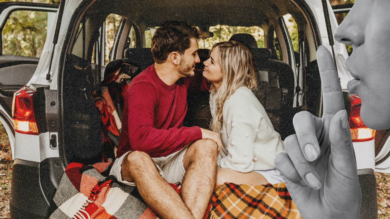 3 Lies It's Okay To Tell Your Spouse To Keep Them Happy, According To Experts Woman leaning in to partner whispering sweet semi true truths