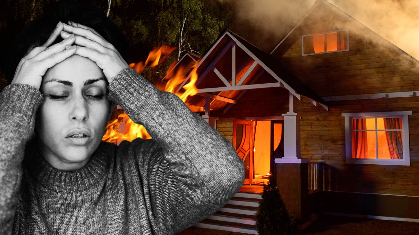 6 Life-Altering Lessons I Learned From My House Almost Burning Down house on fire with upset woman in front
