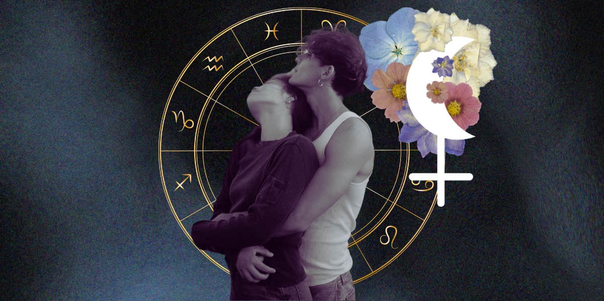 Why You Keep Having Relationship Problems, Based On Your Black Moon Lilith Sign couple embracing, black moon lilith symbol and zodiac wheel