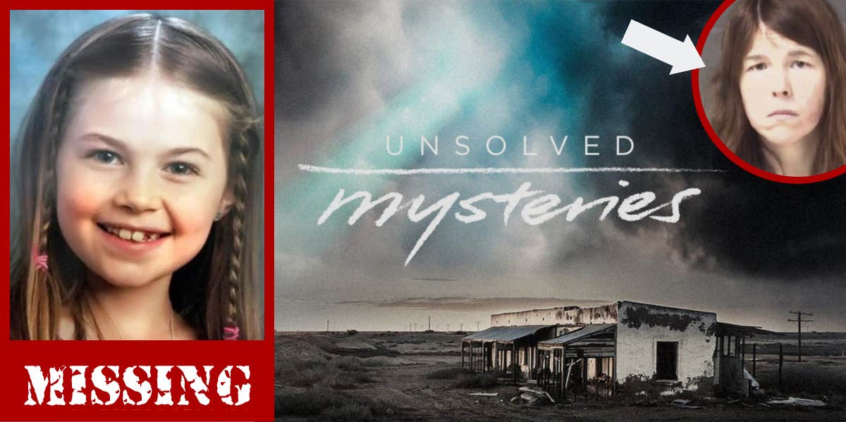 parental abduction victim Kayla Unbehaun, her mother Heather Unbehaun, and 'Unsolved Mysteries' logo