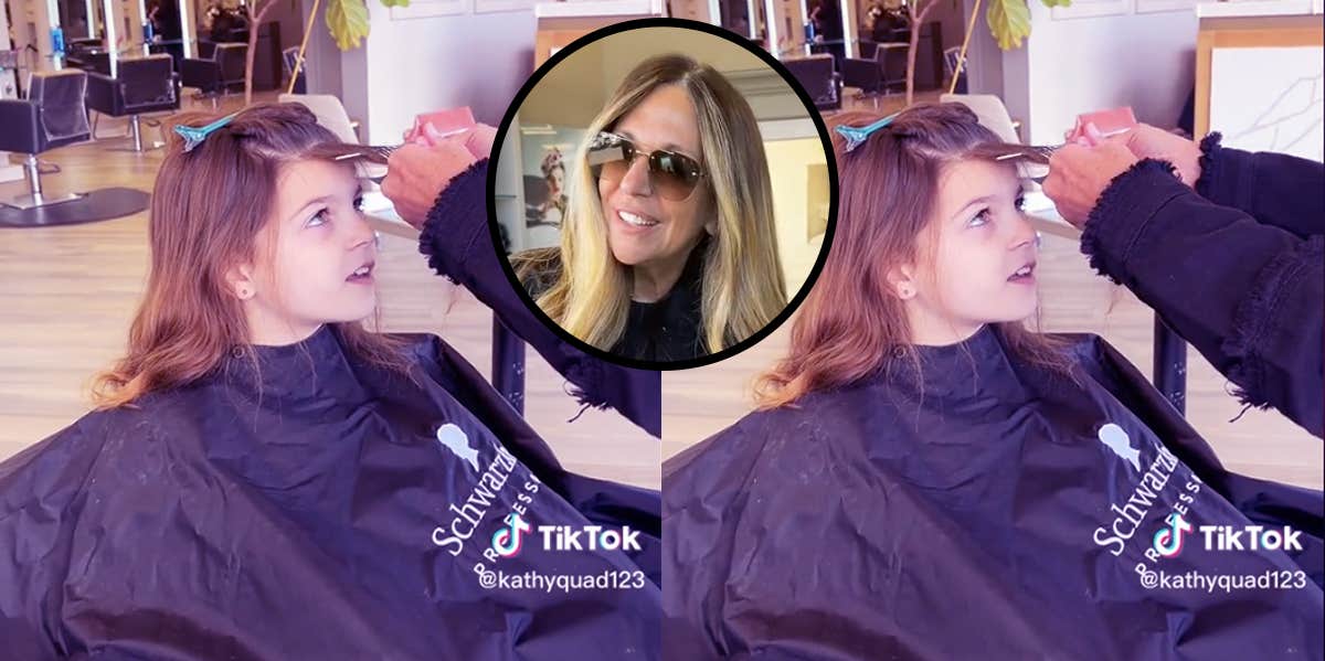 Mom Laughs While Her 'Rude' Little Girl Gives Attitude To Hairstylist Doing Her Highlights A photograph of the girl from the Tik Tok, with a circular photo of her stylist wearing sunglasses in between the images.