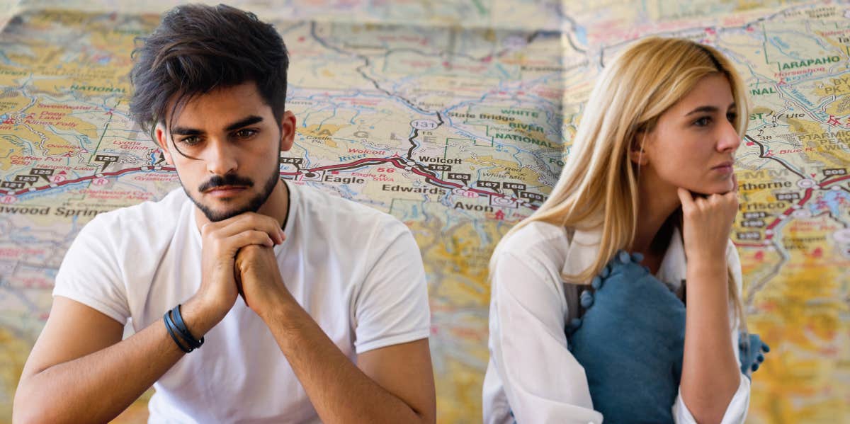 6 Common Long Distance Relationship Problems & How To Fix Them man and woman sitting down not facing each other