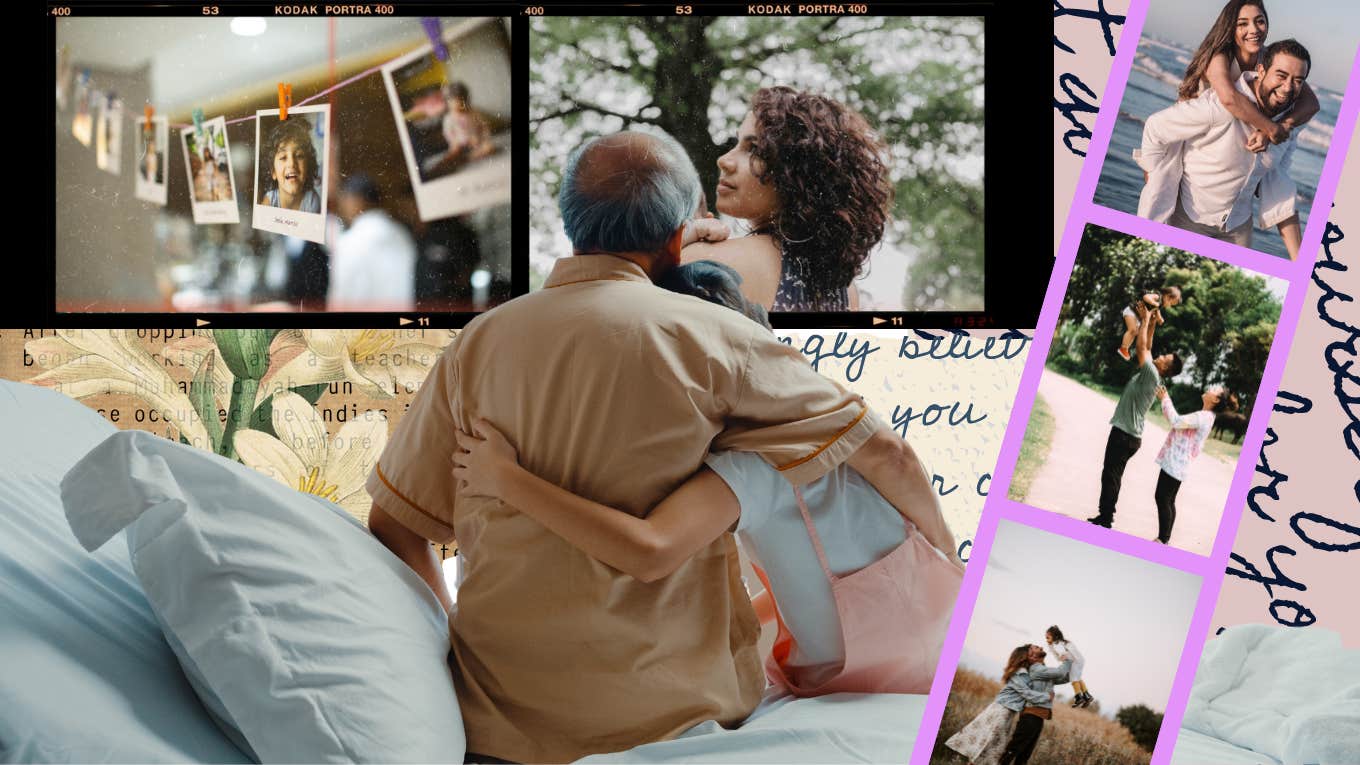 father and daughter on hospital bed with childhood imagery in the background