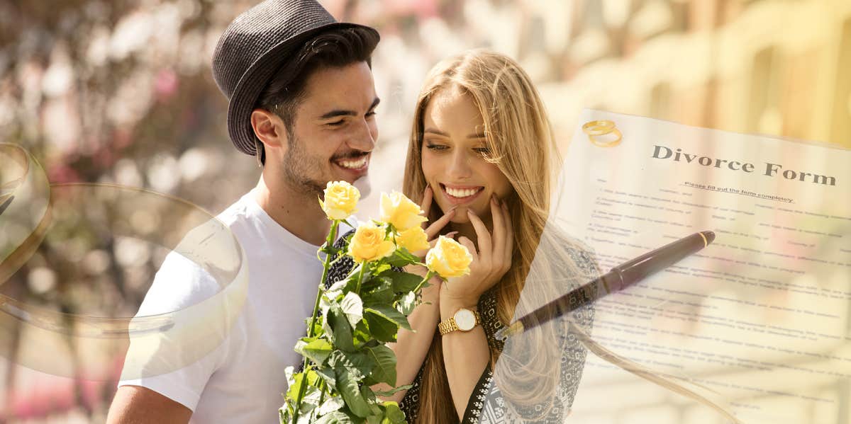 Man giving his girlfriend flowers