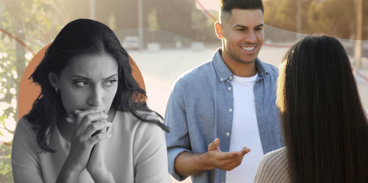 Happy man talking with a woman friend