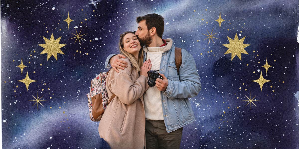 couple walking in outer space