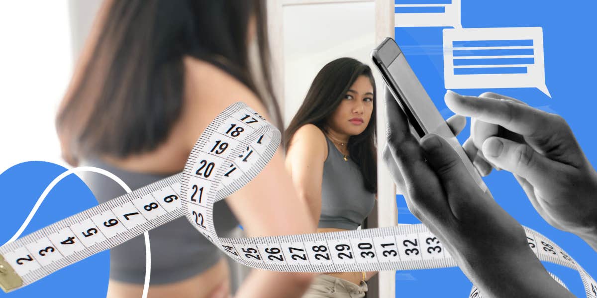 Woman looking at herself in the mirror with frown on her face