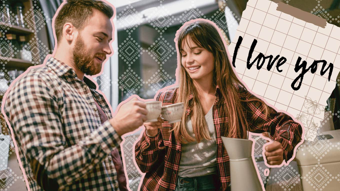 Woman making man coffee in their kitchen