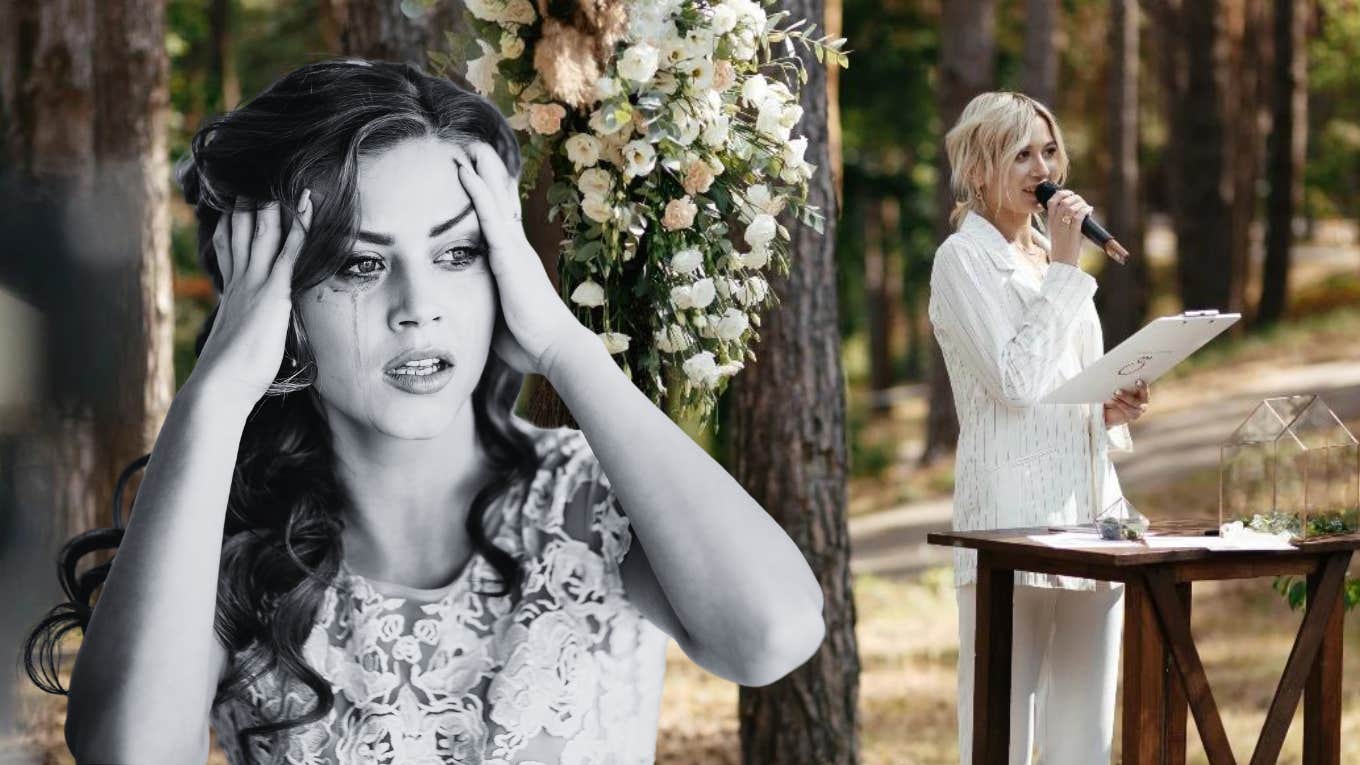 upset bride and woman giving wedding speech