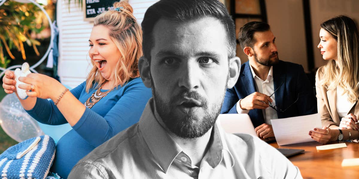 Man Kicks ‘Work Wife’ Out Of Wife's Baby Shower After She Says She’ll Be His Baby’s Second Mom Baby shower and a distressed dad talking to his work wife