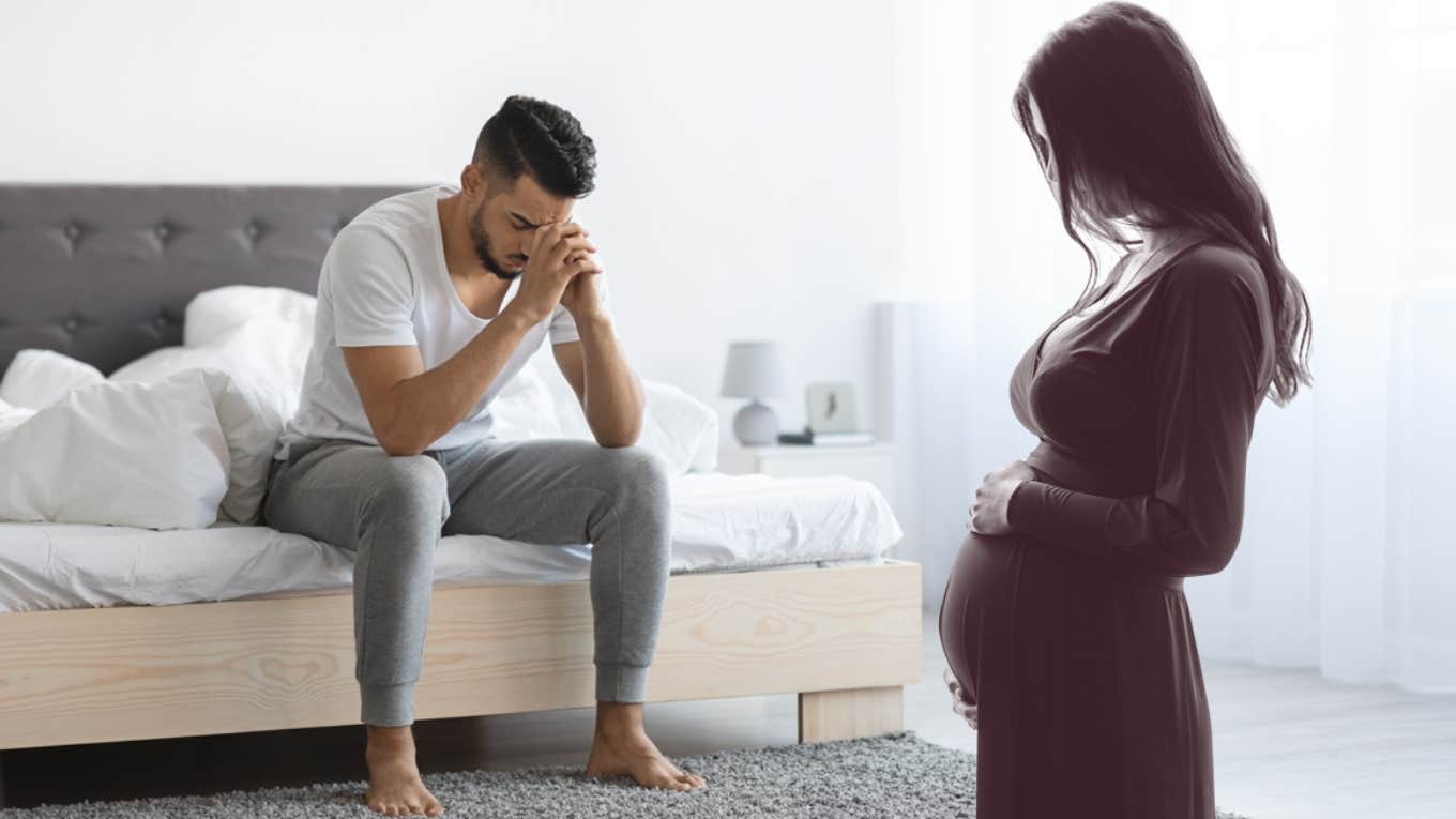 Husband Demands His Pregnant Wife Use The Guest Bathroom At Night To Avoid Interrupting His Sleep man on bed next to pregnant woman