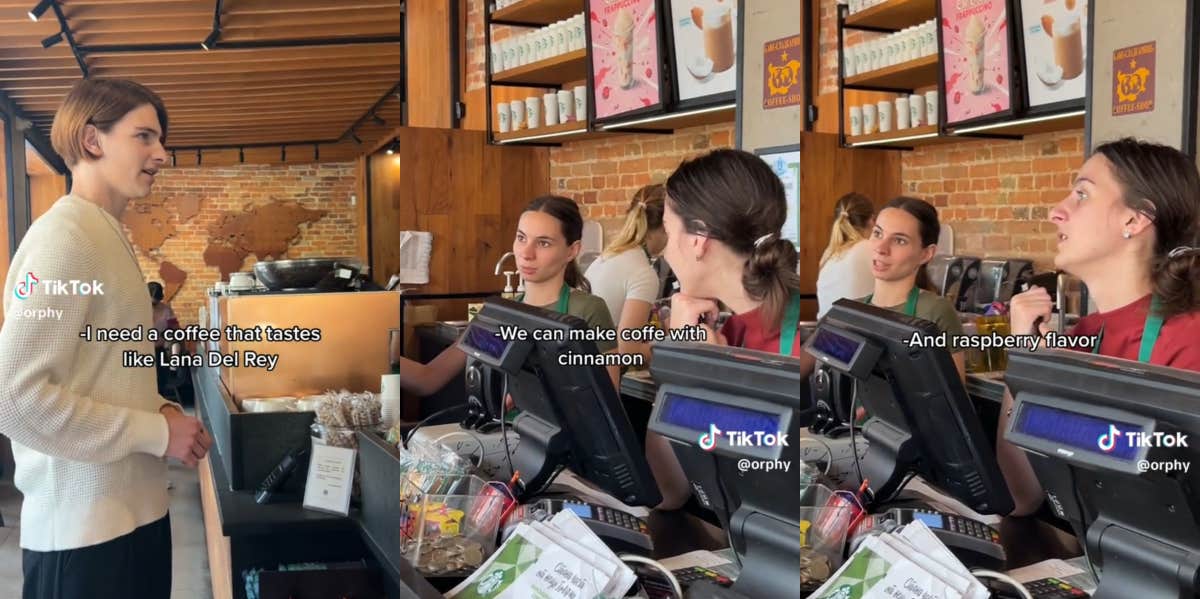 Man Asks Starbucks Workers To Make A Coffee That Tastes Like 'Lana Del Rey' Man talking to Starbucks workers TikTok